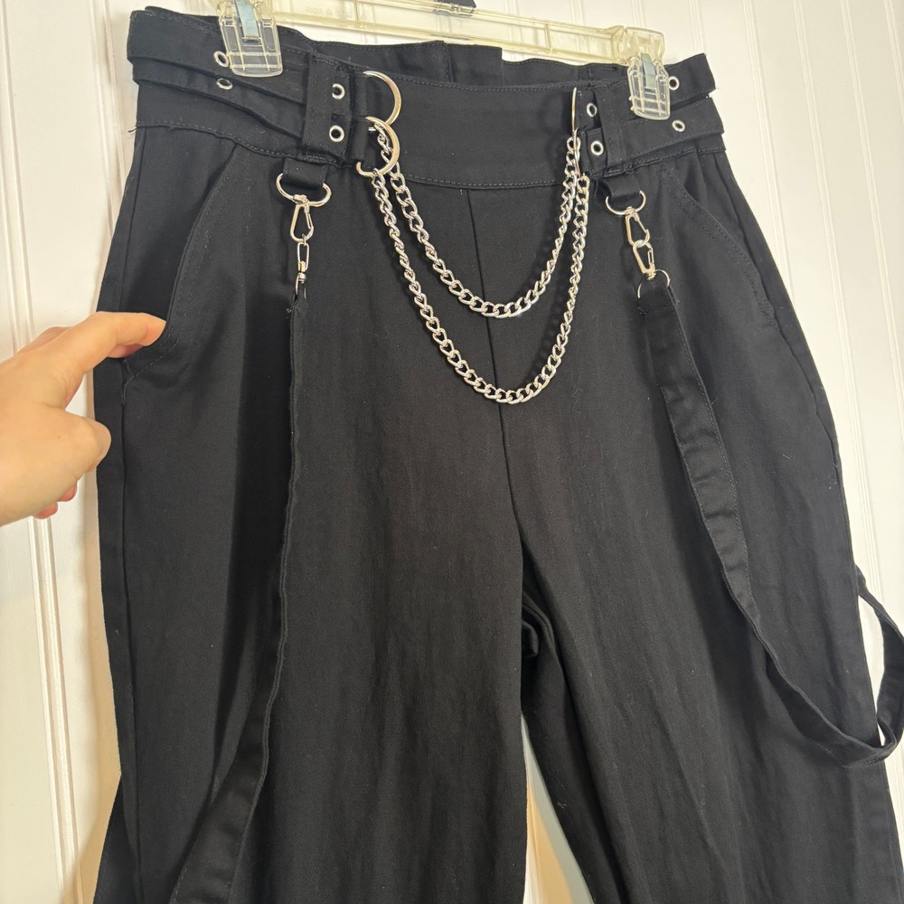 Black Goth Chain Joggers Women M Punk Rock Strap High Waist Emo Edgy Grunge - Picture 5 of 12